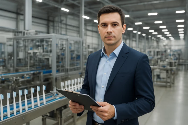 Private label oral care entrepreneur with checklist in front of toothbrush and toothpaste factory