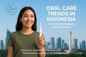 Hero banner showing oral care trends in Indonesia with Halal toothpaste and electric toothbrush