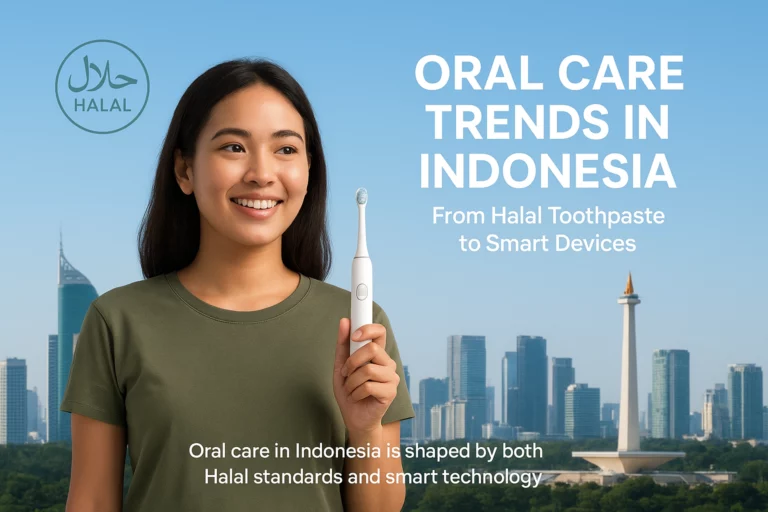 Hero banner showing oral care trends in Indonesia with Halal toothpaste and electric toothbrush
