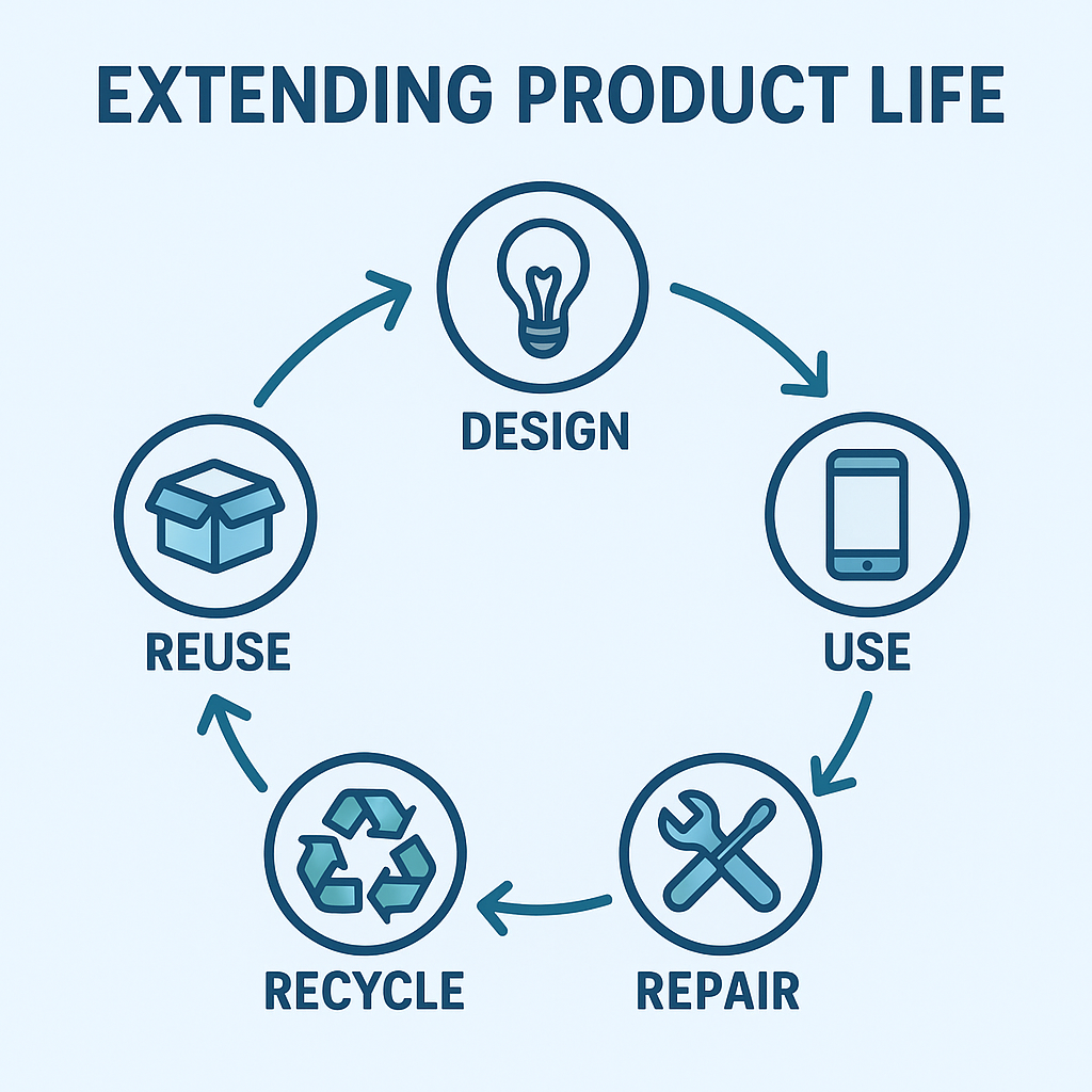 Circular economy infographic illustrating product reuse, recycling, and extended lifecycle design.