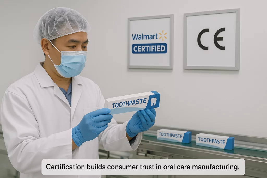 Quality manager reviewing purple toothpaste packaging in a Walmart certified factory.