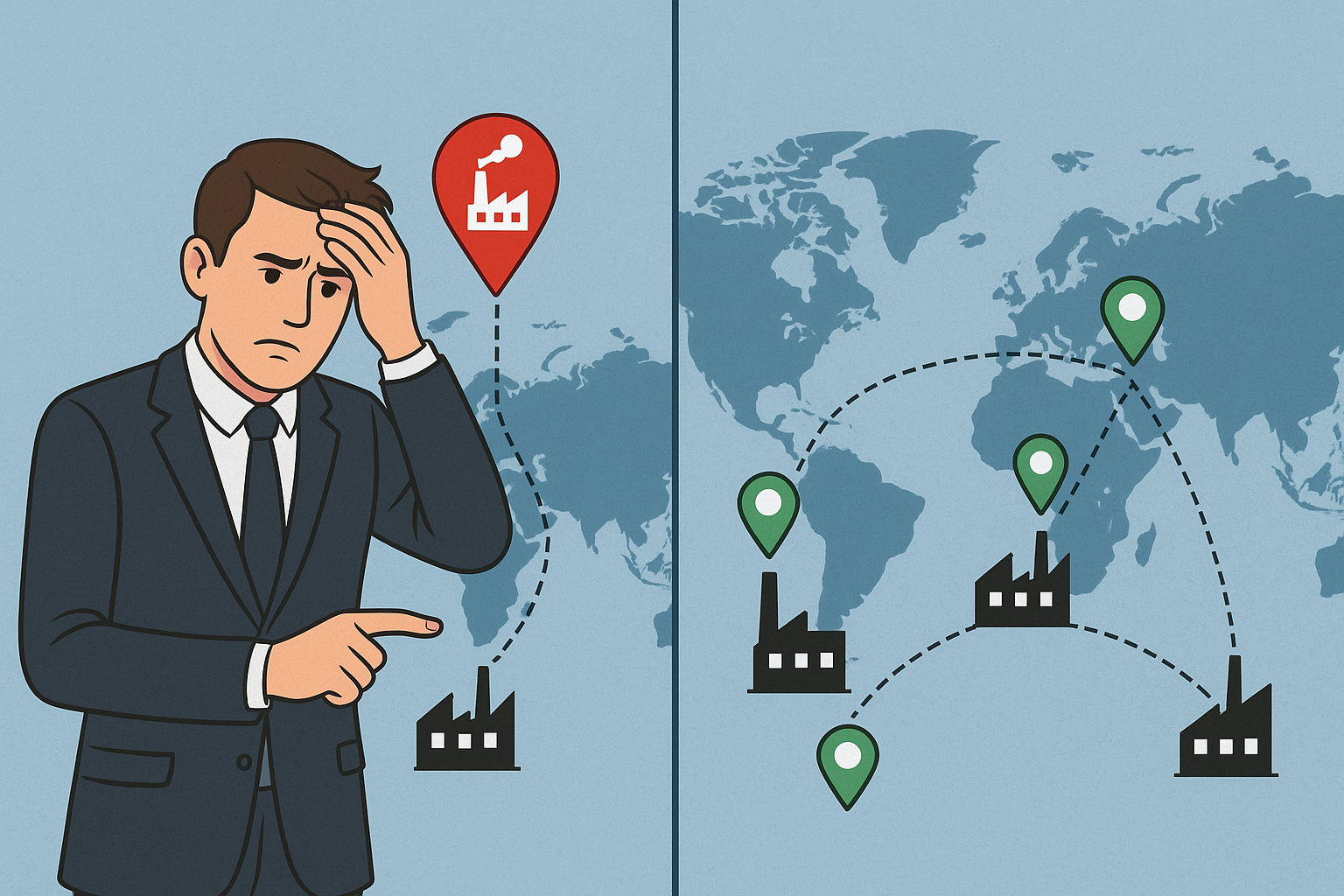 Business owner stressed with only one supplier location on map versus multiple factories