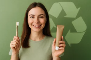 Sustainable oral care packaging with eco toothbrush and recyclable toothpaste tube