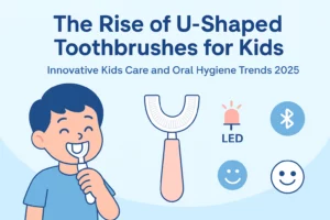 Infographic showing the rise of U-shaped toothbrushes as a new kids care trend in oral hygiene.