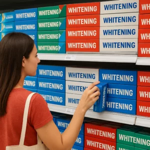 Brazilian supermarket shelf with whitening toothpaste in Brazil.