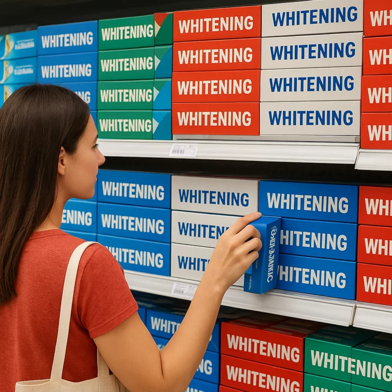 Brazilian supermarket shelf with whitening toothpaste in Brazil.