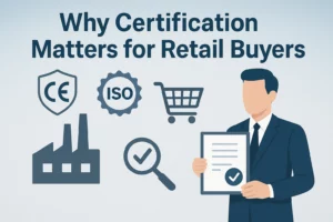 Header infographic showing CE and ISO factory certification as trust symbols for retail buyers.