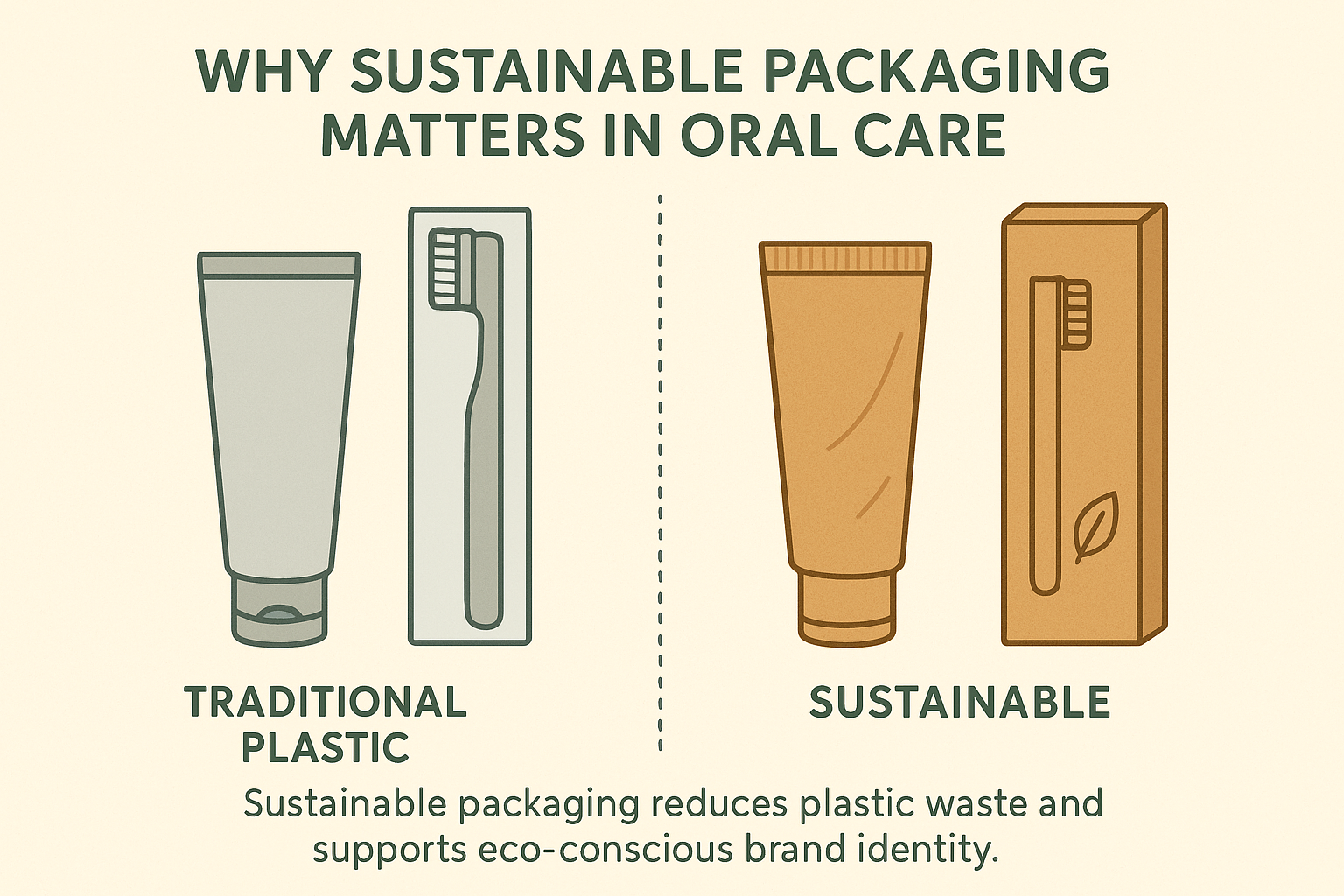 Comparison of traditional plastic packaging and sustainable materials in oral care.