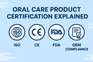 Infographic showing oral care product certifications including ISO, CE, and FDA