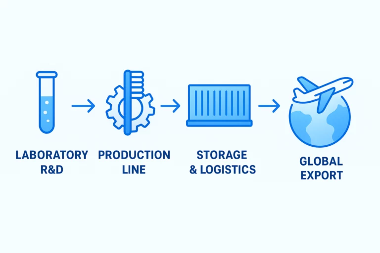 Infographic showing OralGos end-to-end service from R&D to manufacturing and global logistics.