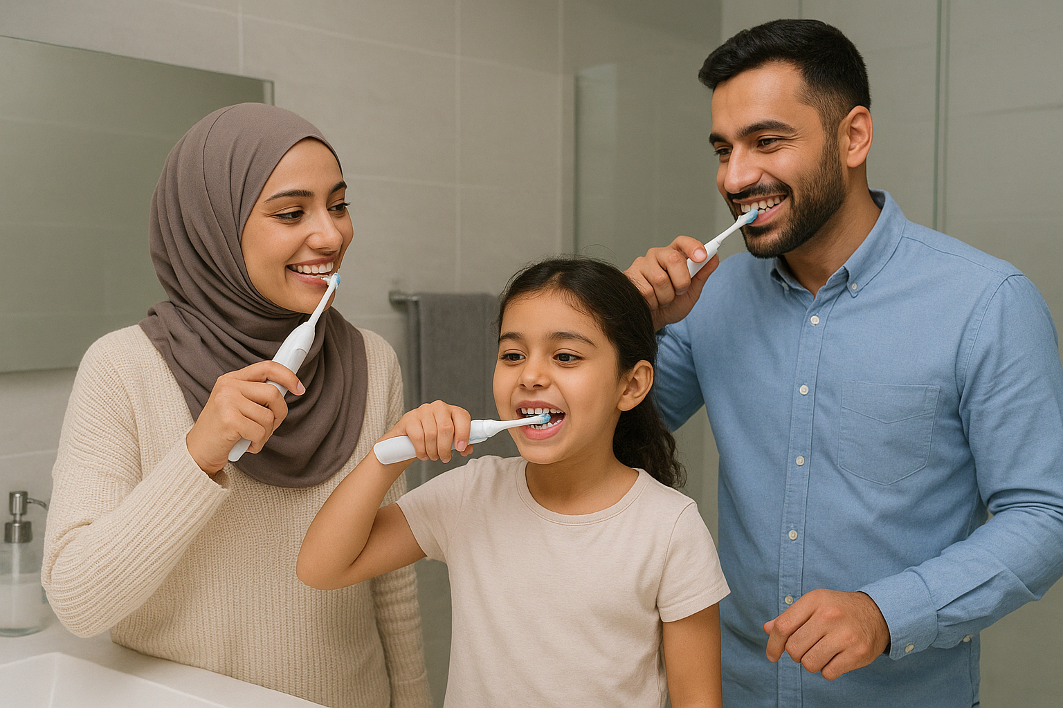 عائلة في الشرق الأوسط تستخدم فرشاة أسنان كهربائية ضمن روتين العناية بالفم