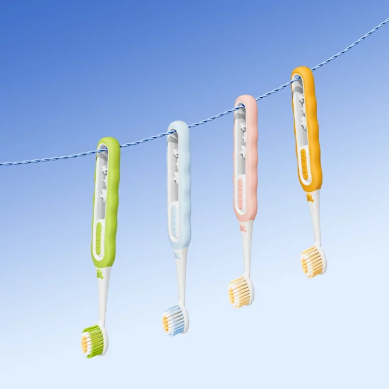 Toothbrush assembling components overview showing completed toothbrush with head, handle, and grip