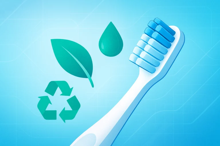 Toothbrush environmental considerations visual showing modern eco-friendly toothbrush with sustainable symbols