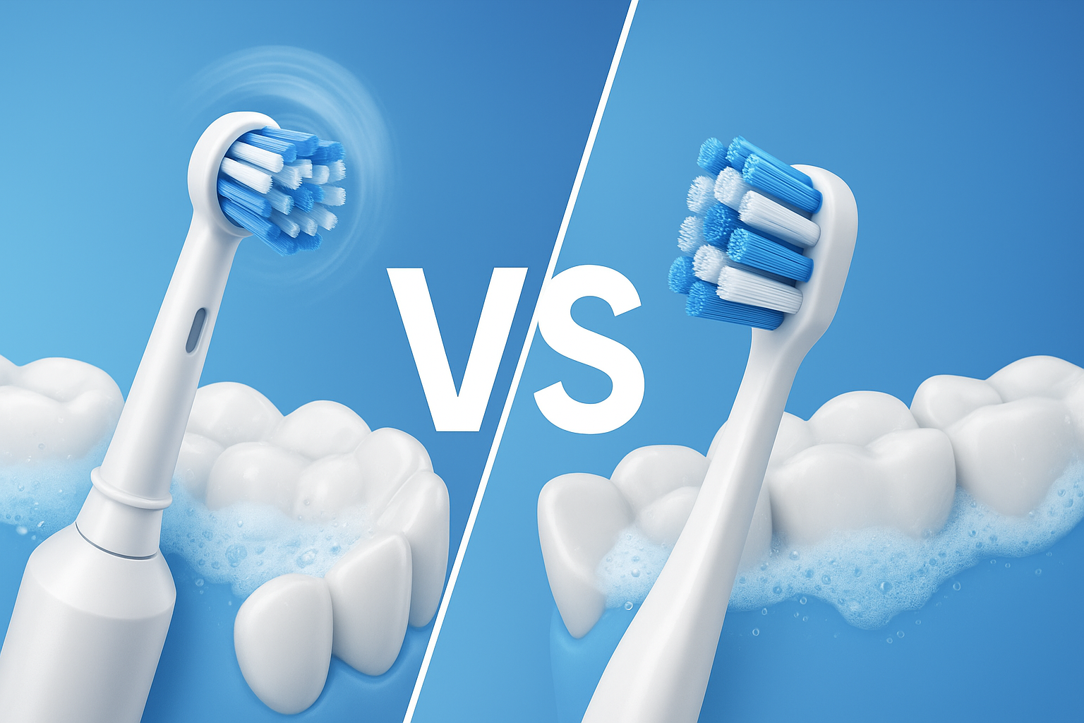 Electric vs manual toothbrush comparison visual showing brushing difference on white teeth with foam background
