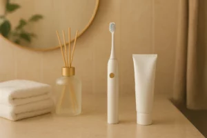 Luxury hotel bathroom amenities set with oral care products