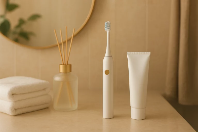 Luxury hotel bathroom amenities set with oral care products