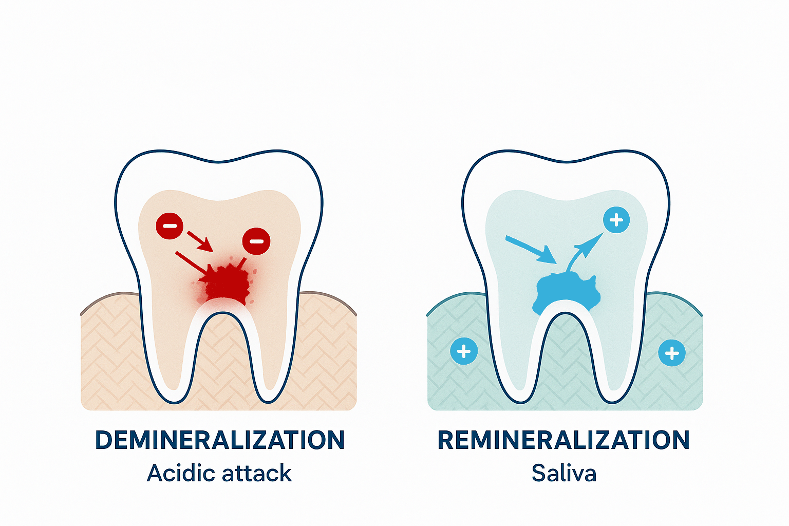 Illustration of tooth demineralization and remineralization process