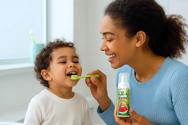 Parent teaching kids oral care by brushing with fluoride toothpaste in a bright bathroom