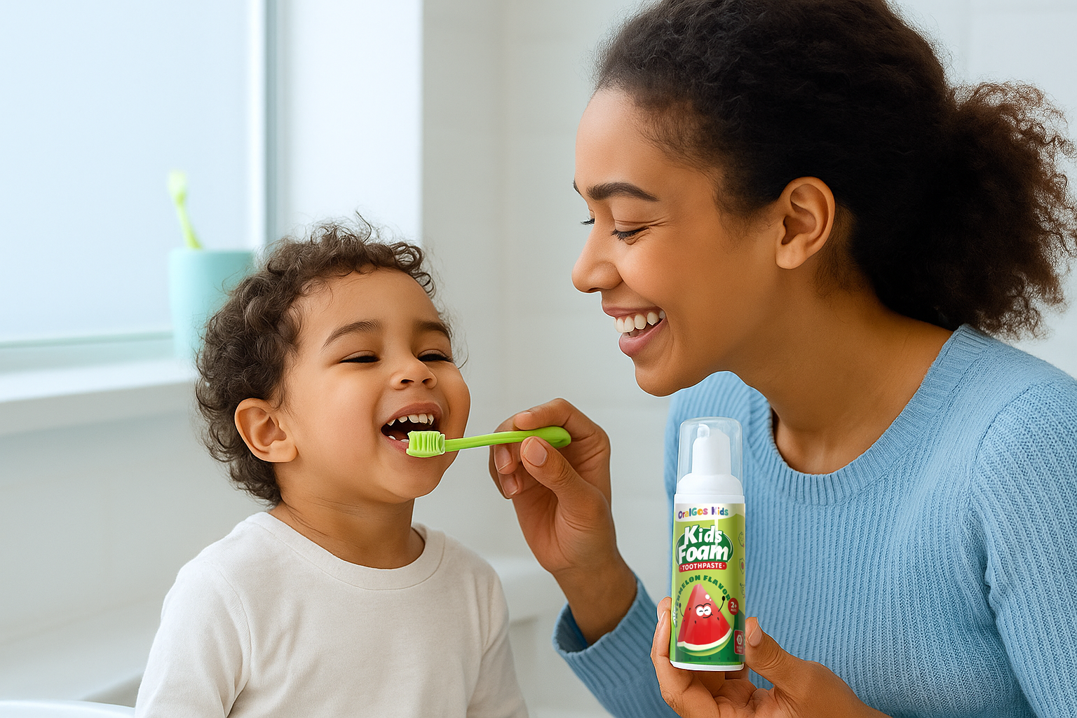 Parent teaching kids oral care by brushing with fluoride toothpaste in a bright bathroom