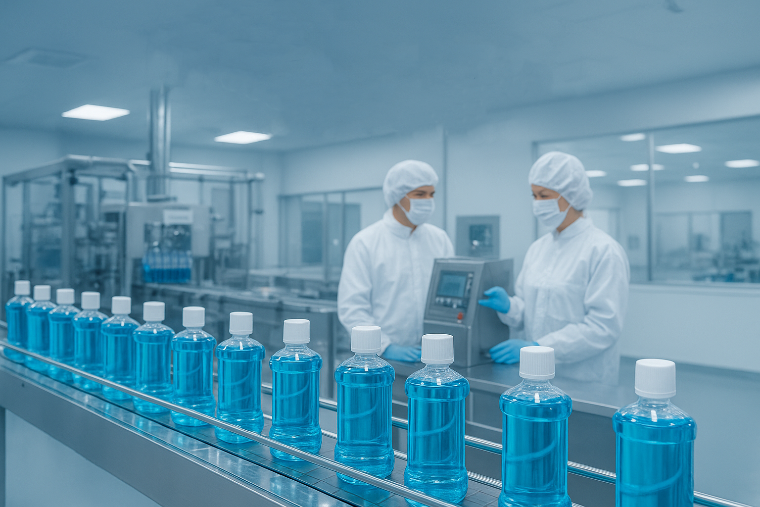 Private label mouthwash OEM production line in a clean oral care factory