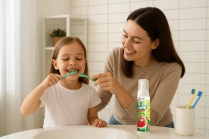 Parent helping child with kids oral care routine using fluoride toothpaste