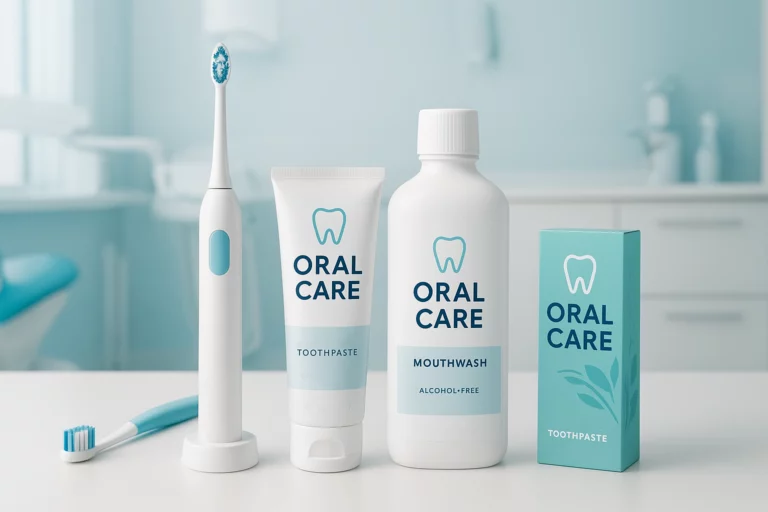 Modern dental care scene showcasing oral care brand products for the US market