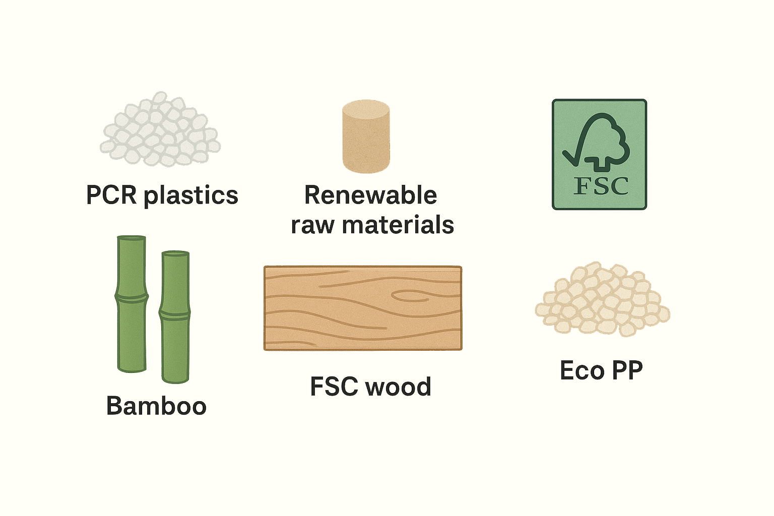 Sustainable toothbrush materials such as PCR plastics, FSC-certified wood, and bio-based polymers