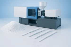Toothbrush injection molding overview showing plastic pellets, molds, and handles