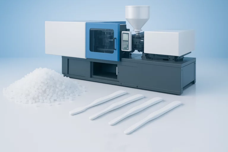 Toothbrush injection molding overview showing plastic pellets, molds, and handles