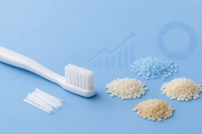 Toothbrush material procurement overview showing handle, bristle, and polymer raw materials for oral care manufacturing