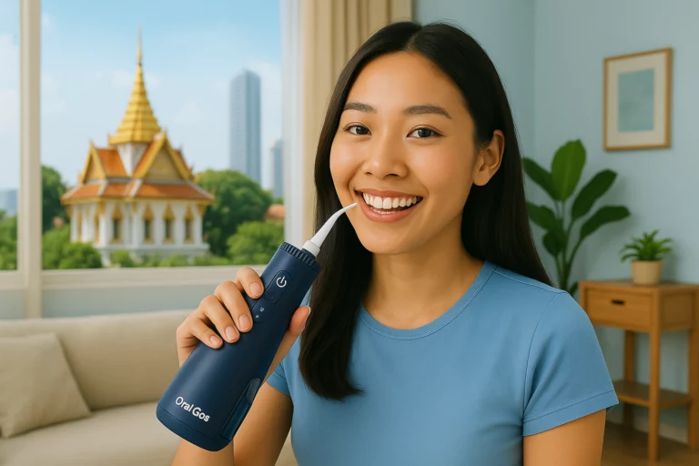 Water flosser used in a modern Southeast Asia home, featuring Thailand and Indonesia lifestyle elements