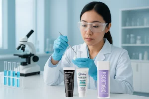 Scientist analyzing whitening toothpaste ingredients in a modern oral care laboratory, with W77 and charcoal toothpaste displayed nearby.