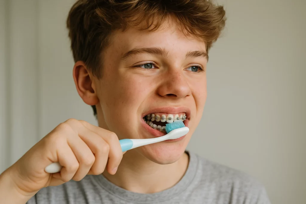 brushing braces with orthodontic toothbrush