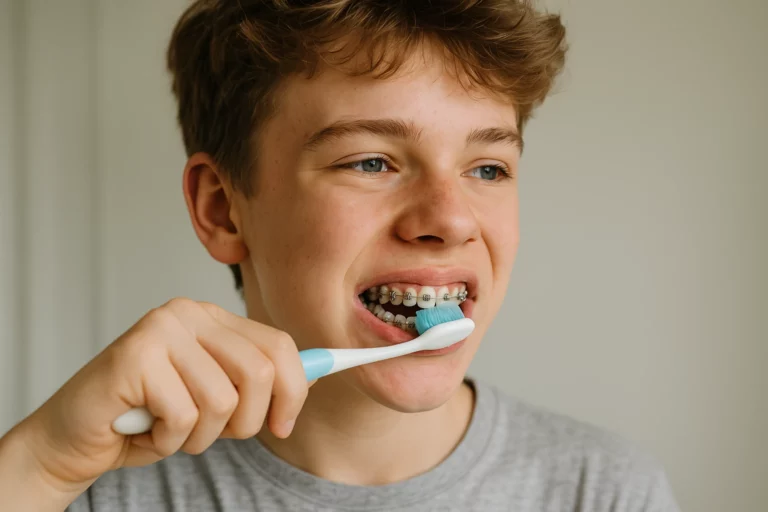 brushing braces with orthodontic toothbrush
