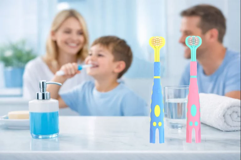 3-sided toothbrush for faster cleaning in modern bathroom setting