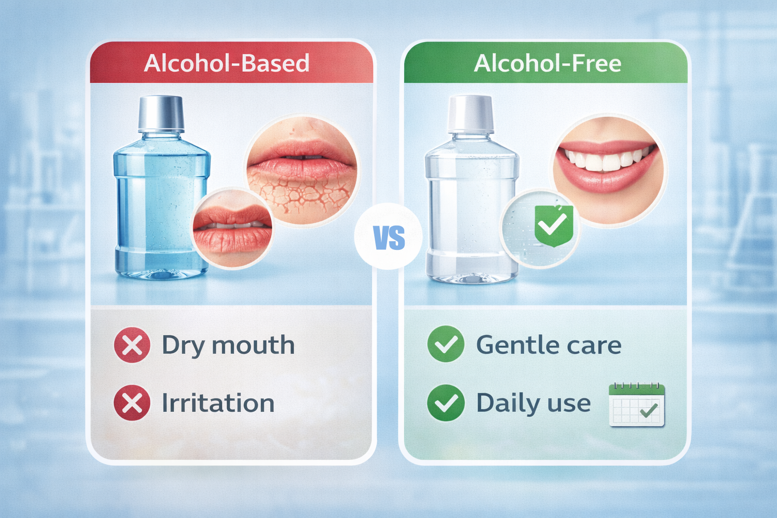 Alcohol-free vs alcohol mouthwash formulation comparison