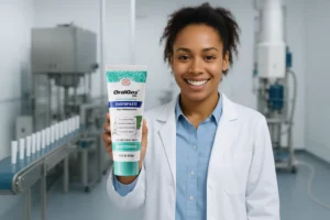 Entrepreneur developing a private label toothpaste brand with a toothpaste OEM manufacturer in a modern lab