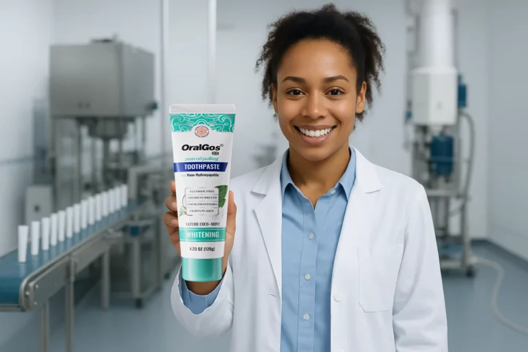 Entrepreneur developing a private label toothpaste brand with a toothpaste OEM manufacturer in a modern lab