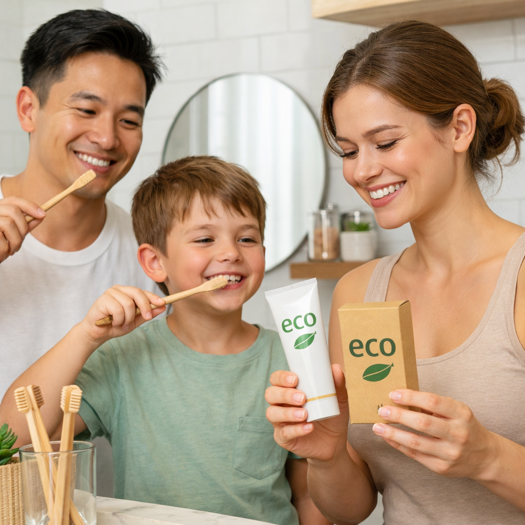 Consumers choosing eco oral care products demonstrating environmental awareness
