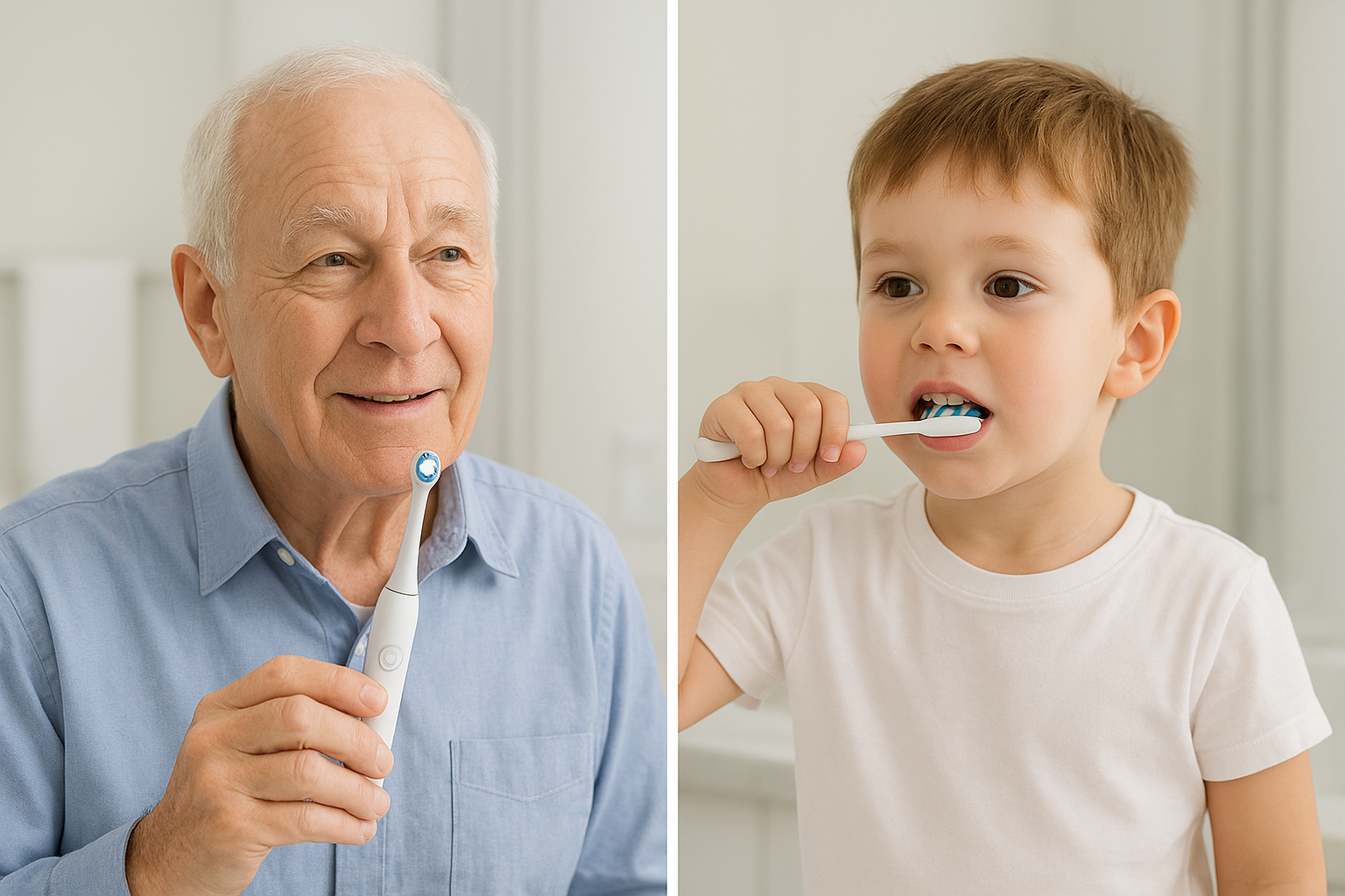 Elderly person using electric toothbrush and child brushing with manual toothbrush