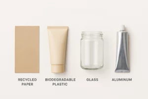 Eco packaging materials for toothpaste and oral care products including recycled paper, biodegradable plastic, and glass