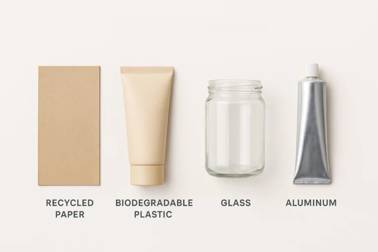 Eco packaging materials for toothpaste and oral care products including recycled paper, biodegradable plastic, and glass