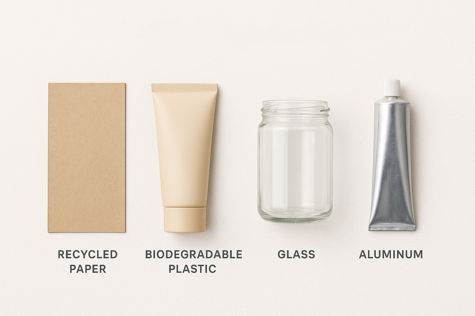 Eco packaging materials for toothpaste and oral care products including recycled paper, biodegradable plastic, and glass