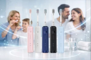 Electric toothbrush collection highlighting top-selling features in 2025 with clean background and smiling users