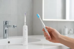 Comparison of electric and manual toothbrushes in modern bathroom setting