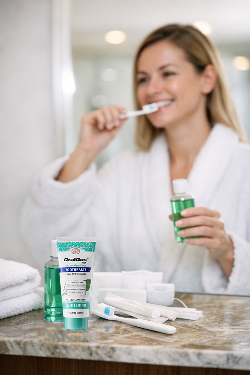 Hotel guest using premium oral care products in bathroom