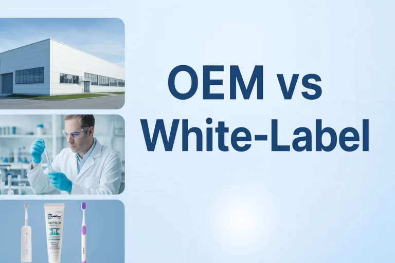 OEM vs White-Label oral care manufacturing comparison showing factory, R&D lab, and product lines