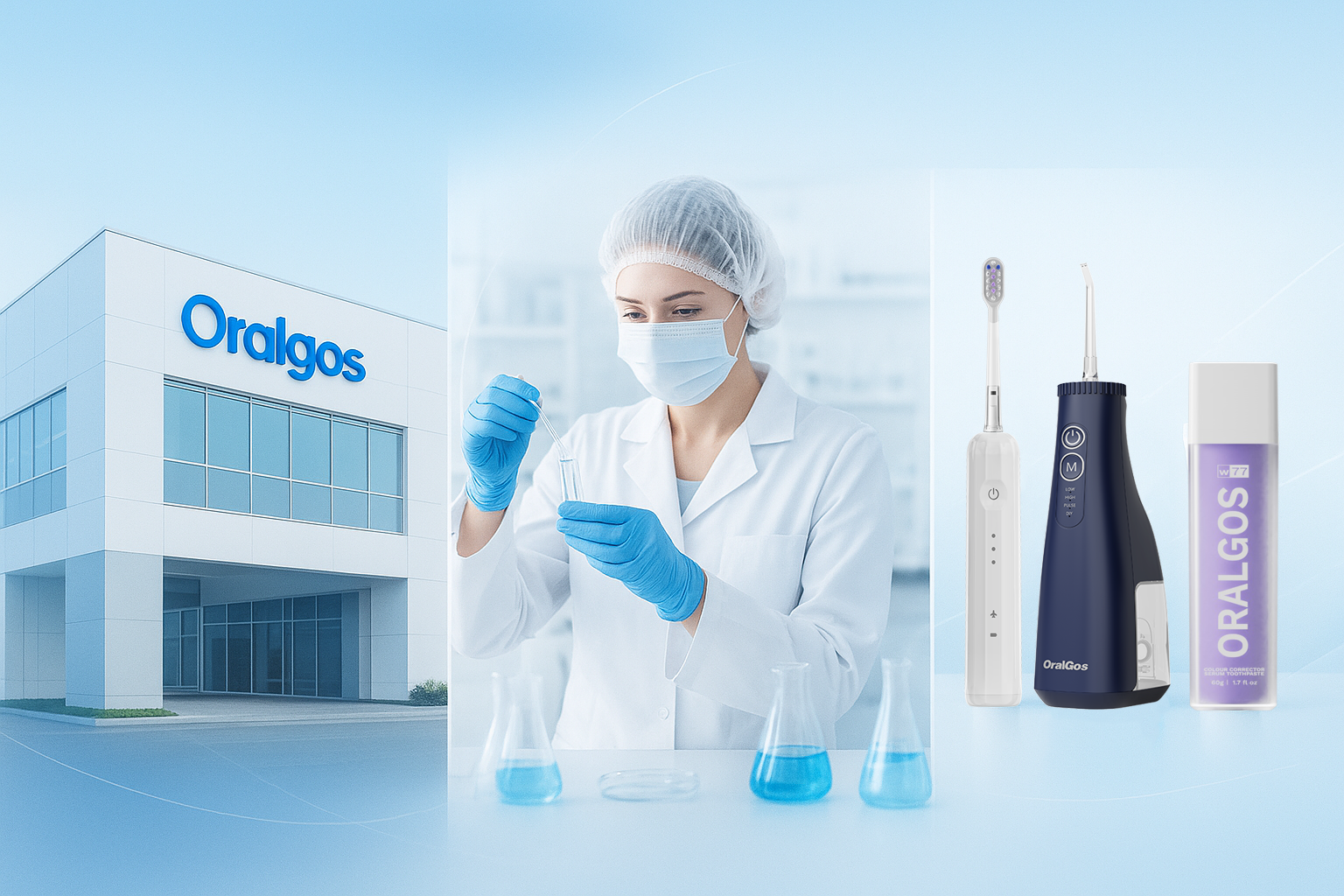 Oralgos full ODM oral care solutions including R&D lab, factory production lines, and certified manufacturing environment