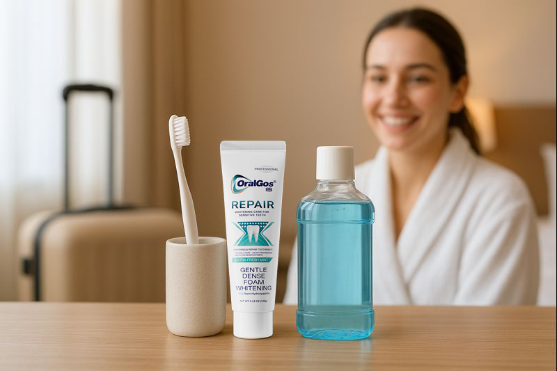 Oral care amenities for hotels and spas displayed on a hotel room counter