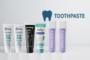 Private label toothpaste brand concept with multiple toothpaste tubes on a clean surface